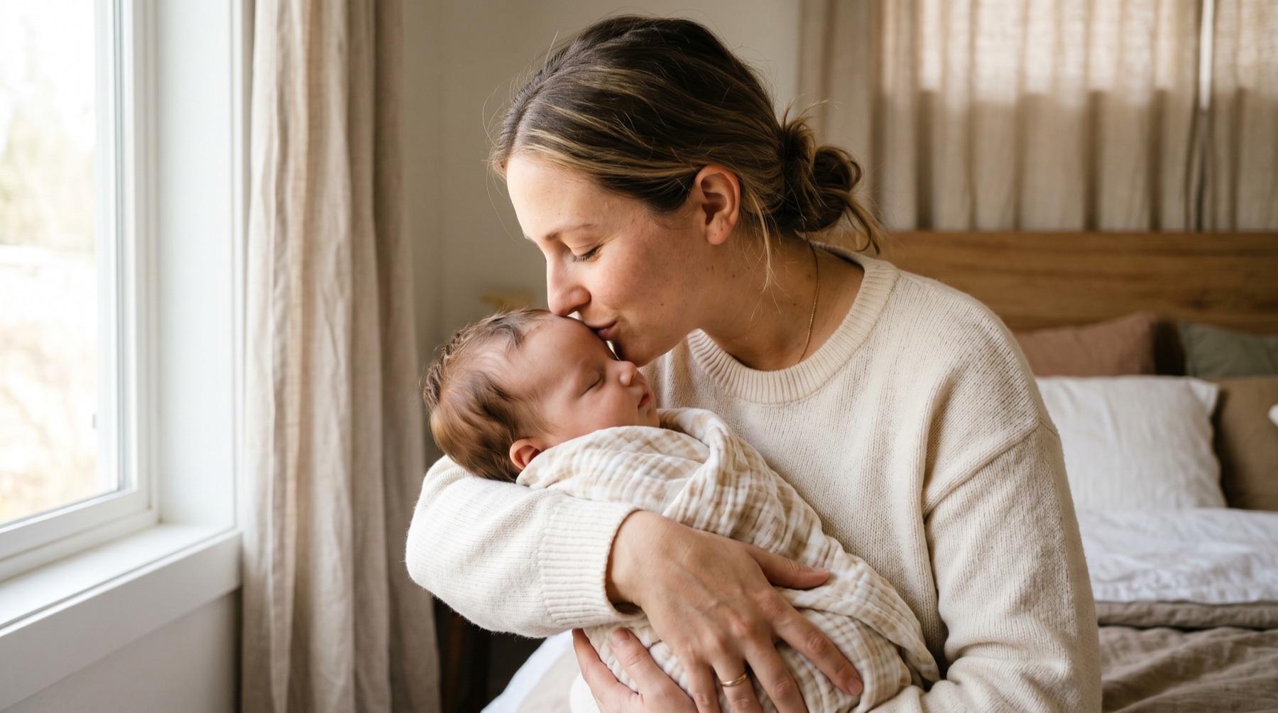 A mother gently kissing the top of her newborn's head in a softly-lit bedroom by a window.